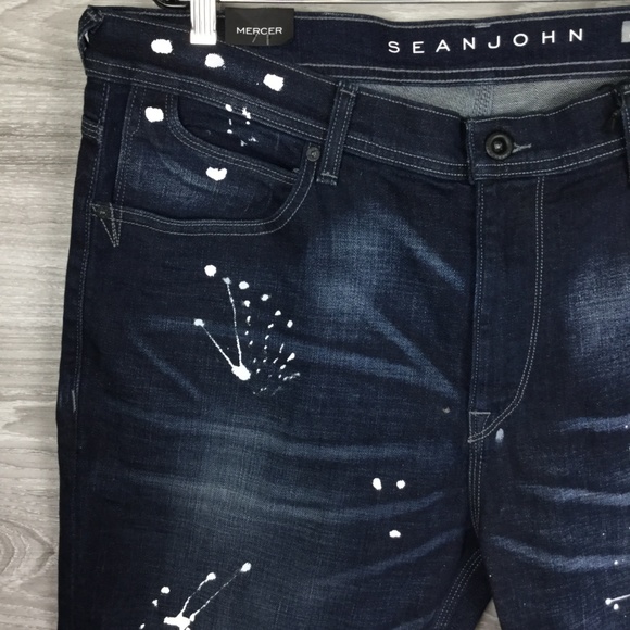 Sean John Blue Washed Splatter Slim Straight Jeans - Picture 2 of 6